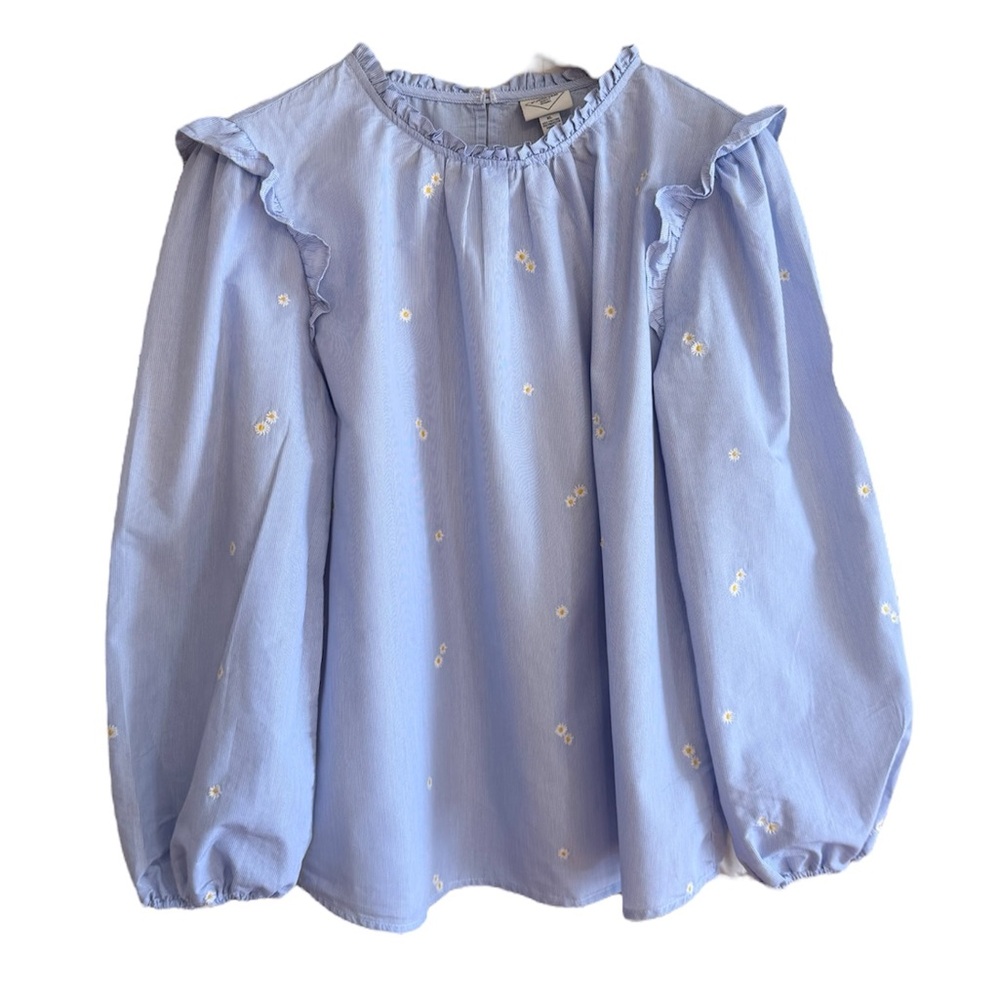 St. John Bay Women XL Striped Flower Daisy Embroidered Long Sleeve Blouse spring